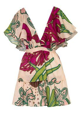 Juan De Dios Boho Linen Mini Dress / Beige Moon Garden Floral Sz 4 NWT!